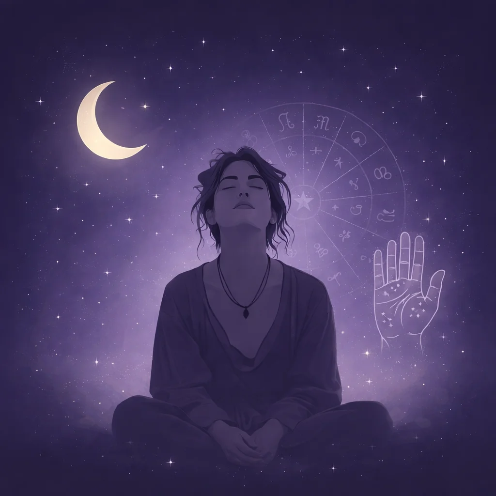 Mystical meditation scene with astrological symbols